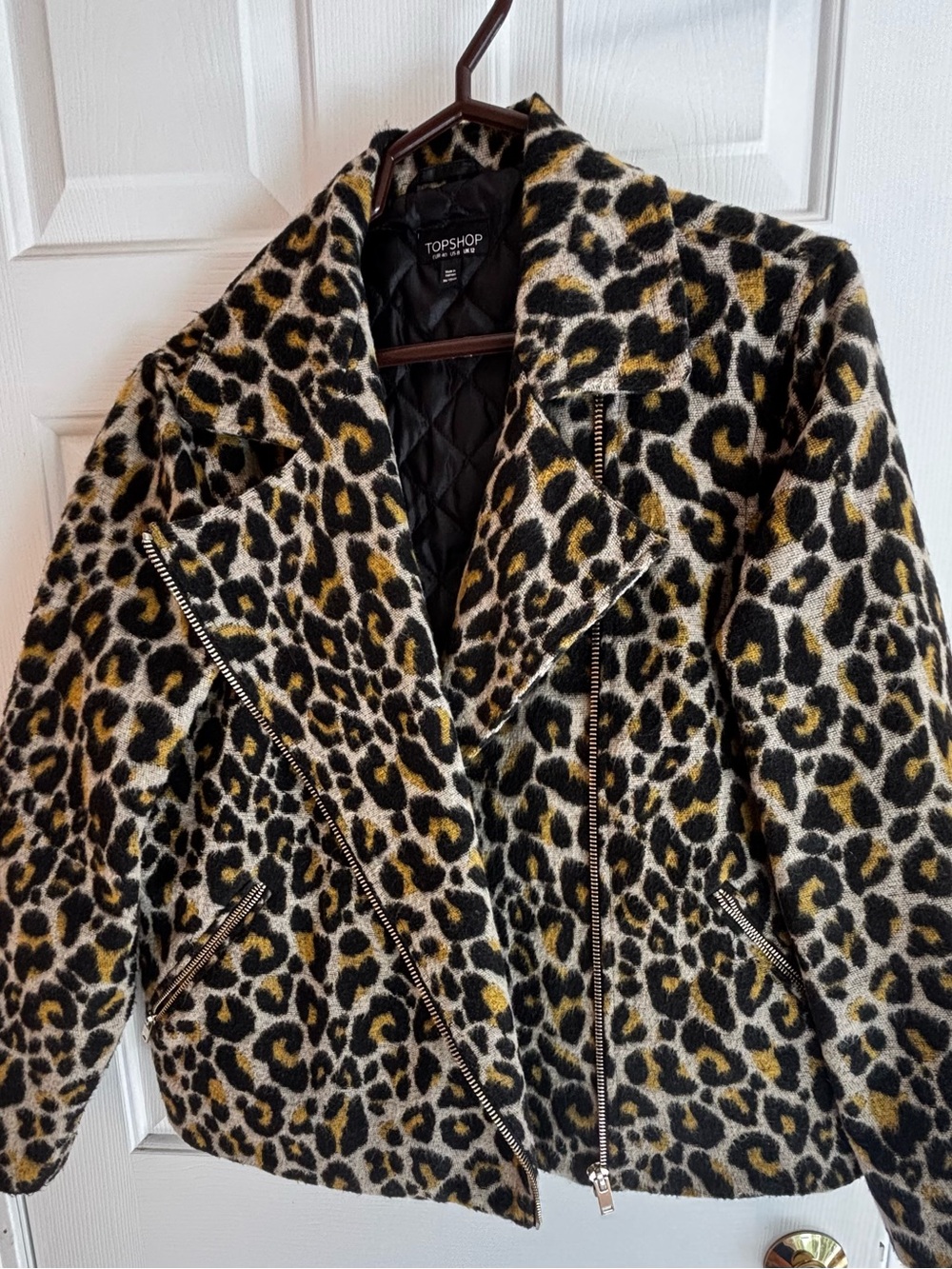 Topshop Leopard-Print Moto Jacket in Black and Brown